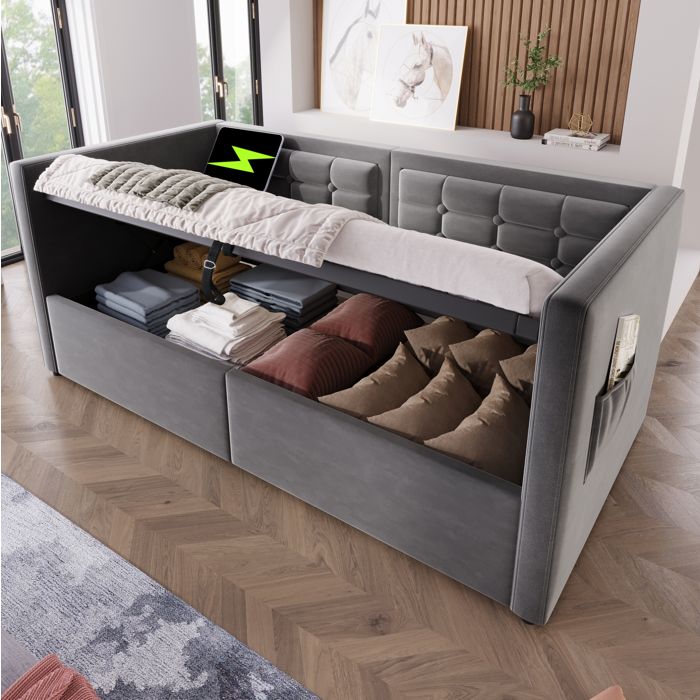 Modenuit Lit de jour 90x200 cm avec rangement hydraulique USB et Type-C velours gris sans matelas