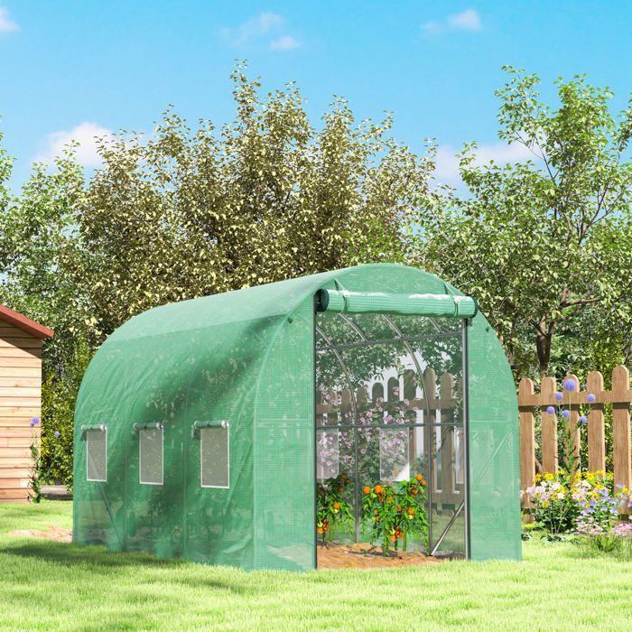 Serre tunnel de jardin en plastique vert 300 x 200 x 195 cm avec 6 fenêtres et porte enroulable