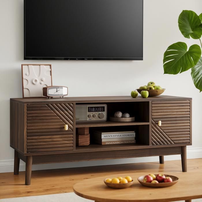 Meuble TV moderne - Noyer - 110x40x48 cm - Pour téléviseurs 32/45 pouces - Grand espace de rangement