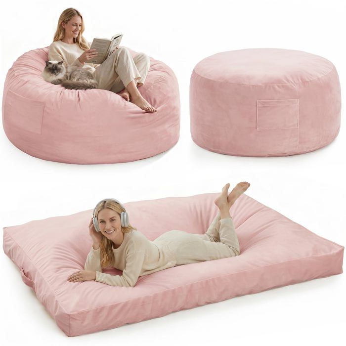 Garvee Pouf Géant XXL Convertible Lit Rembourré Housse Microfibre Douce Idéal Salon & Gaming Rose