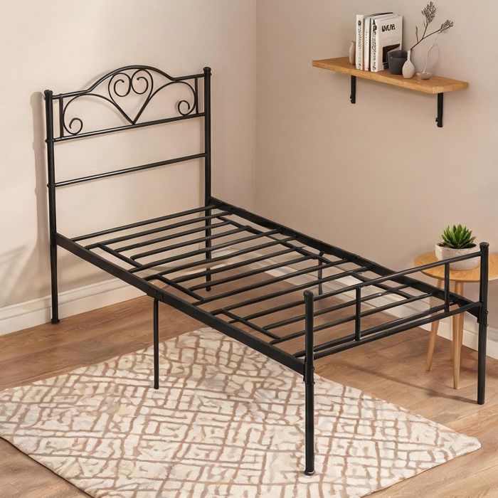 Lit une place 90x200 cm en acier deep black avec sommier intégré tête et pied de lit hauteur 31 cm
