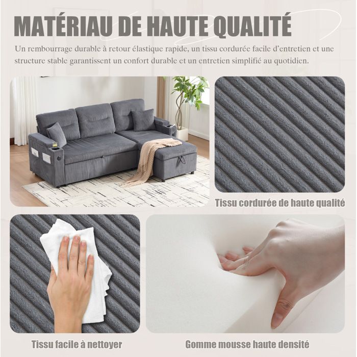 Modenuit canapé d’angle convertible 3 places avec méridienne à droite coffre USB-C tissu côtelé gris carbone