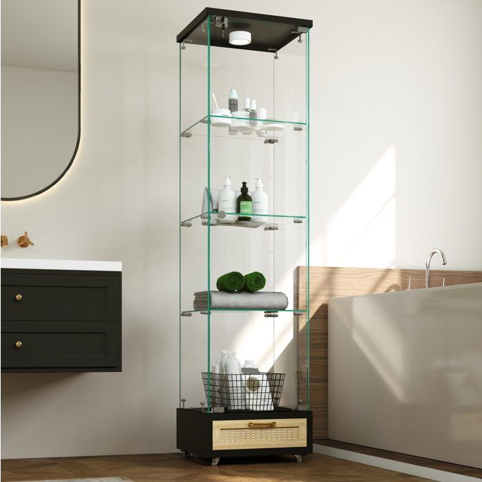 WOVREO Vitrine en verre trempé avec LED 1 porte 4 étagères 1 tiroir MDF noir sur roulettes