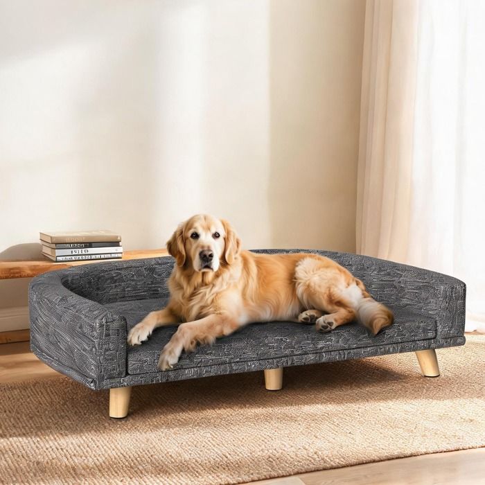 Canapé pour chien en tissu polyester et bois massif couchage grand format 98 x 67 cm look scandinave fonctionnel