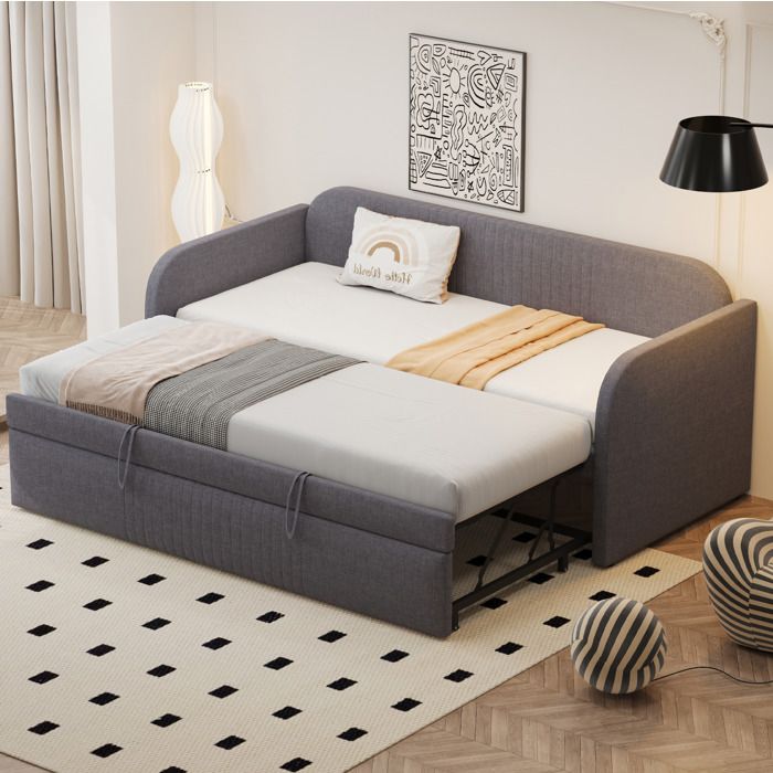 Lit banquette simple 90×190 et 180×190 cm extensible sommier à lattes - YEAVIO - sans matelas gris