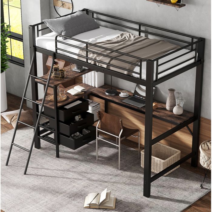 Lit mezzanine Enfant 90×200 cm avec bureau 3 tiroirs et escalier incliné à 4 marches - LPOSPI - sans matelas métal bois - noir