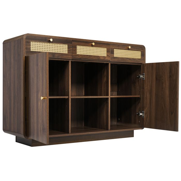Buffet bas 120 cm - Noyer rotin 3 tiroirs 2 portes niche ouverte étagères réglables poignées dorées
