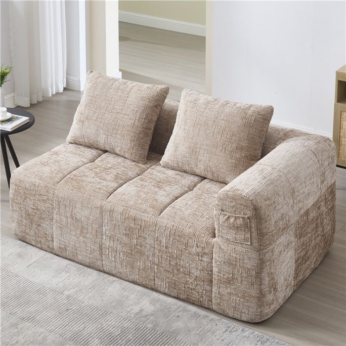Canapé 2 places moelleux sans montage couleur khaki élégant 1 coussin inclus + poches latérales pratiques pour accessoires Canapé 2 places moelleux sans montage couleur khaki élégant 1 coussin inclus + poches latérales pratiques pour accessoires