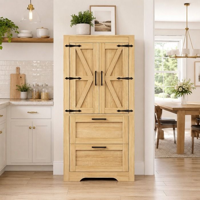 COZHYESS Buffet de Cuisine Haute 128cm Armoire Rangement à 2 Portes 2 Tiroirs Meuble de Rangement Style Grange Bois Naturel