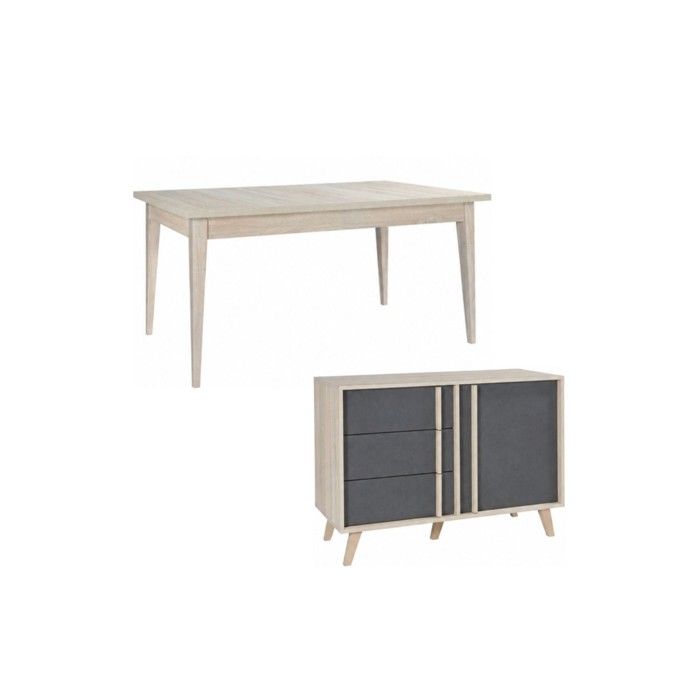 Salle à manger complète MALMO avec table extensible 6 places et buffet haut – Chêne clair et gris Salle à manger complète MALMO avec table extensible 6 places et buffet haut – Chêne clair et gris