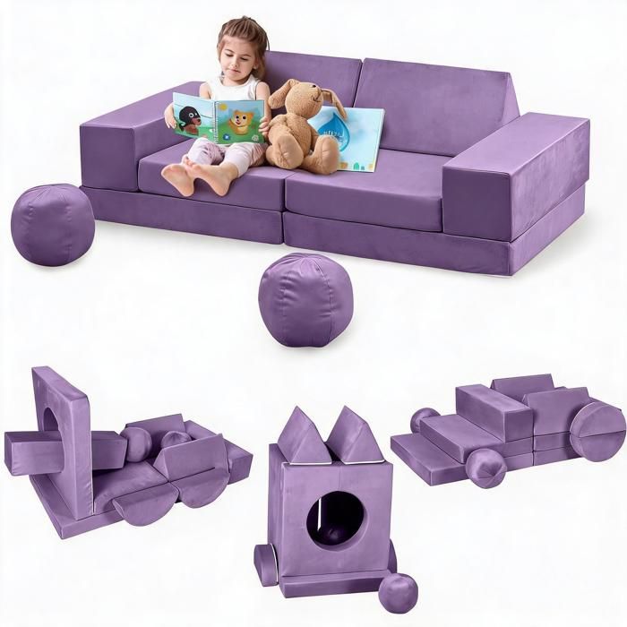 Koioplie Canapé enfant modulable 12 pièces en mousse play couch convertible pour cabane tunnel housses amovibles lavables Violet