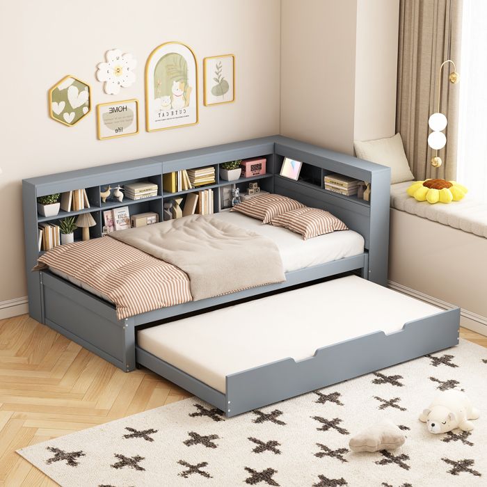 Lit gigogne - ZEVKOR - 2 places 90×200 cm - Gigogne 90×190 cm - USB intégré - Rangements intégrés