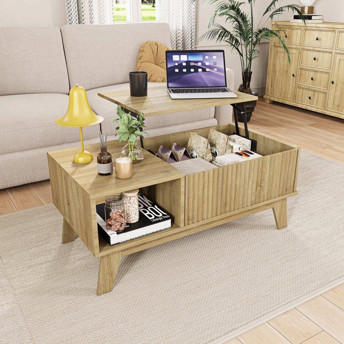 Table Basse Relevable couleur Bois naturel Style Scandinave Double Espace de Rangement Ouvert et Fermé pour Salon Bureau Repas