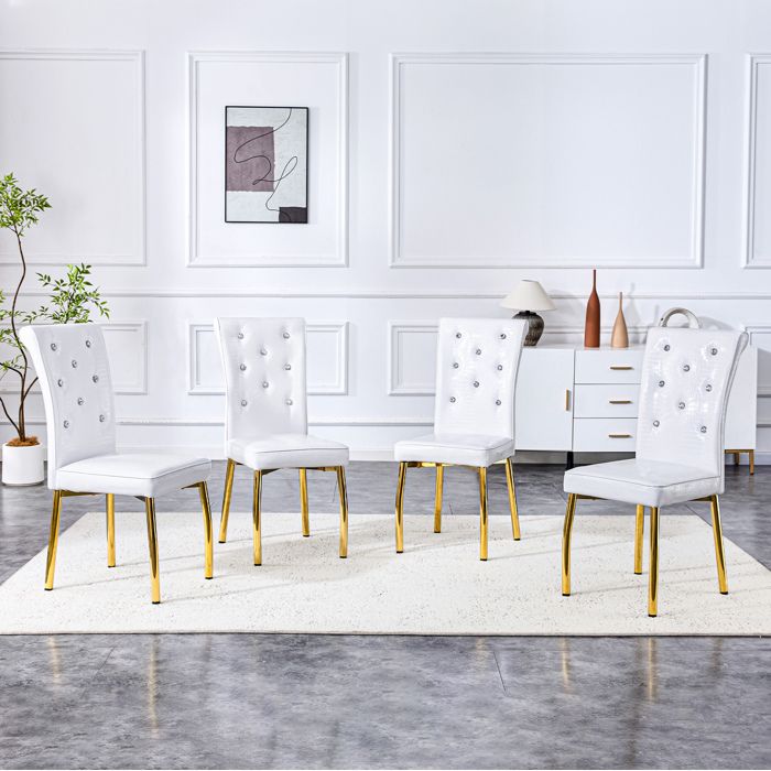 Lot de 4 chaises de salle à manger capitonnées boutons cristal - YEAVIO - simili PVC effet peau d’alligator blanc et or