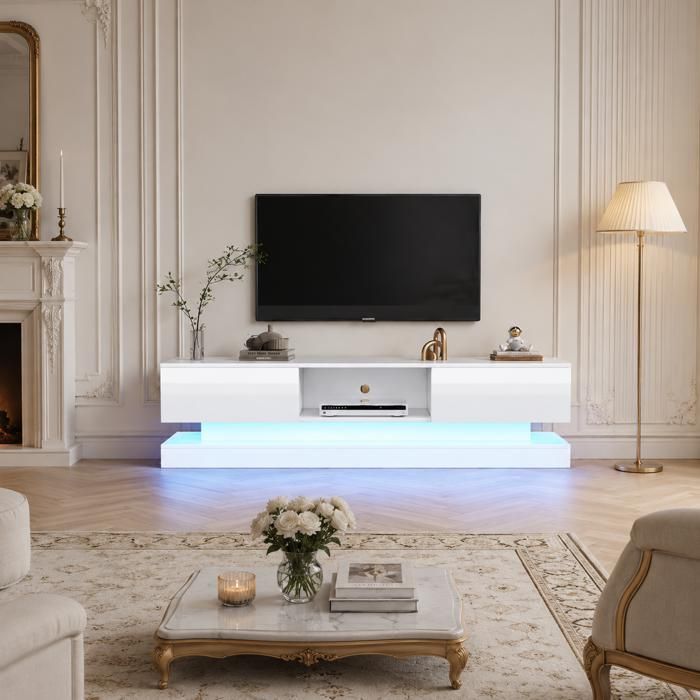 Meuble TV LED Moderne 160x35x40 5 cm avec 2 tiroirs Ontrôle appli anti-basculement pour TV 60 pouces Blanc Brillant