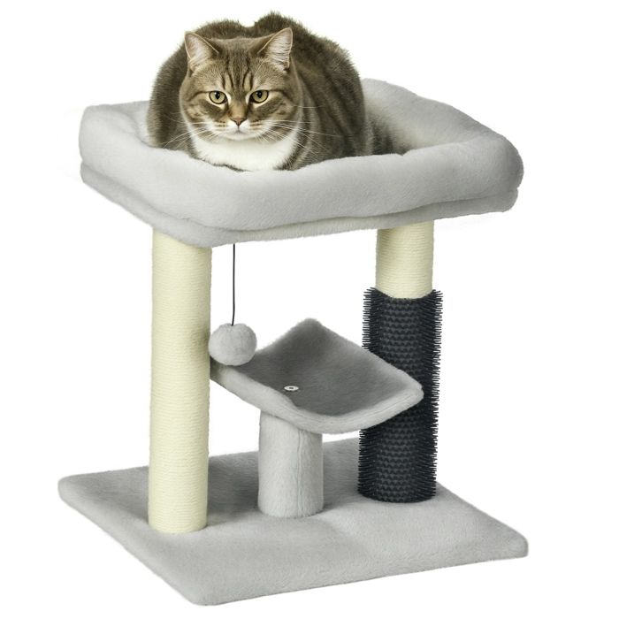 Arbre à chat – Avec brosse de toilettage et sisal – Pour le repos et le jeu des chats – 48 cm Gris