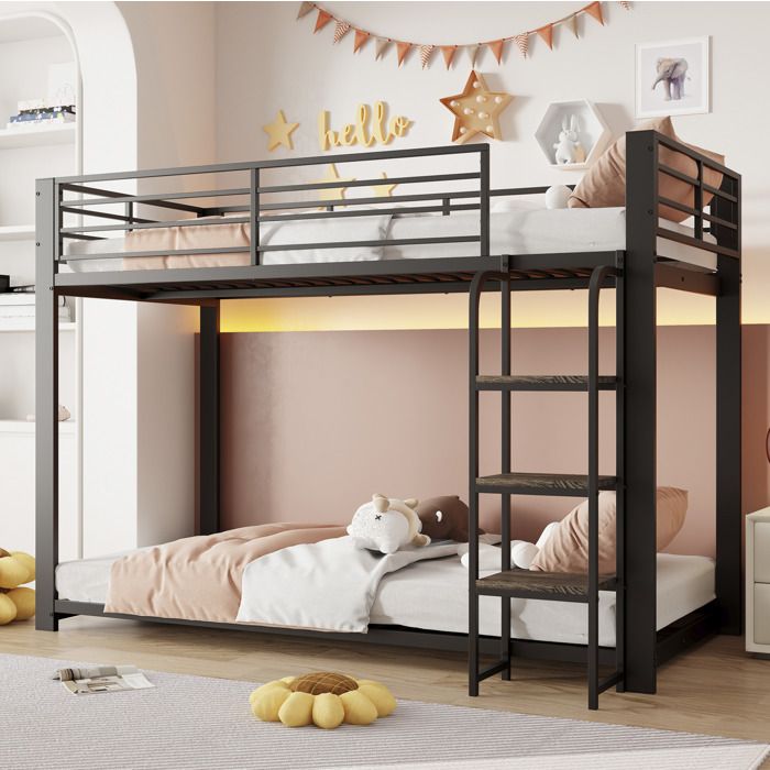 Lit superposé mezzanine 90 x 200 cm en métal noir avec escalier de rangement garde-corps enfant et adolescent ORVRYN