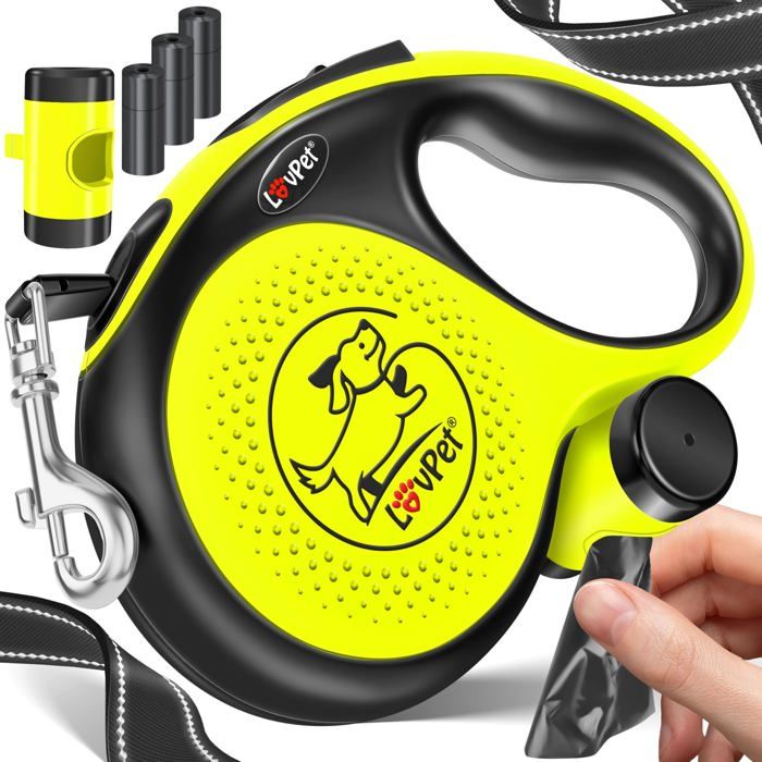 Laisse à enrouleur pour chiens - LOVPET - Poignée ergonomique antidérapante - Rallonge 360° - Matériau réfléchissant Laisse à enrouleur pour chiens - LOVPET - Poignée ergonomique antidérapante - Rallonge 360° - Matériau réfléchissant