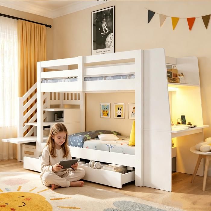 Lit Superposé Enfant 90x200 cm avec Bureau et étagères avec échelle de rangement et 2 Tiroirs barre lumineuse LED et prise blanc