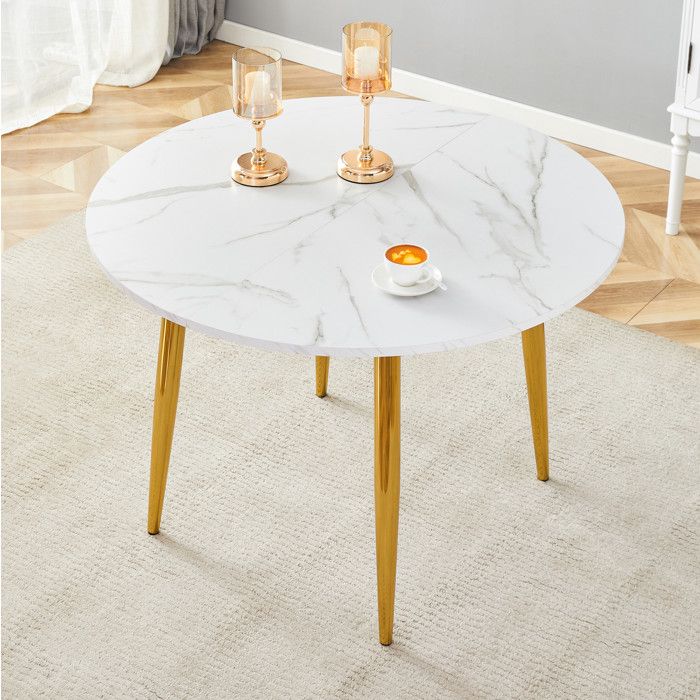 COVREO Table à manger ronde extensible 107 à 137 cm plateau MDF effet marbre blanc pieds métal doré sans chaises