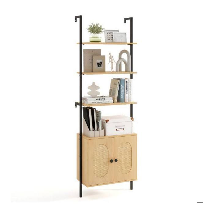 Bibliothèque 4 étagères avec meuble rotin étagère de rangement pour salon tablette réglable et fixation murale