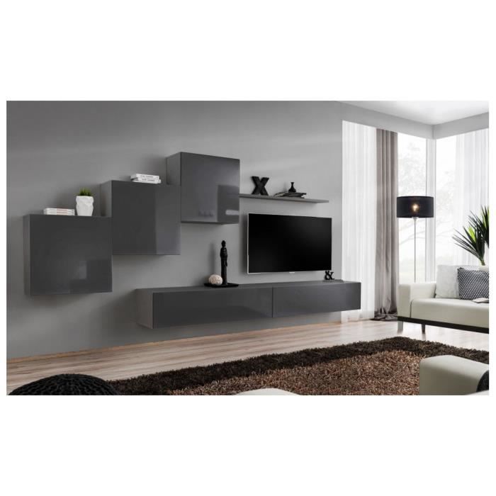 meubles tv - ensemble mural - switch i - 3 vitrines carrées grises + 2 bancs tv gris + 1 étagère grise gris