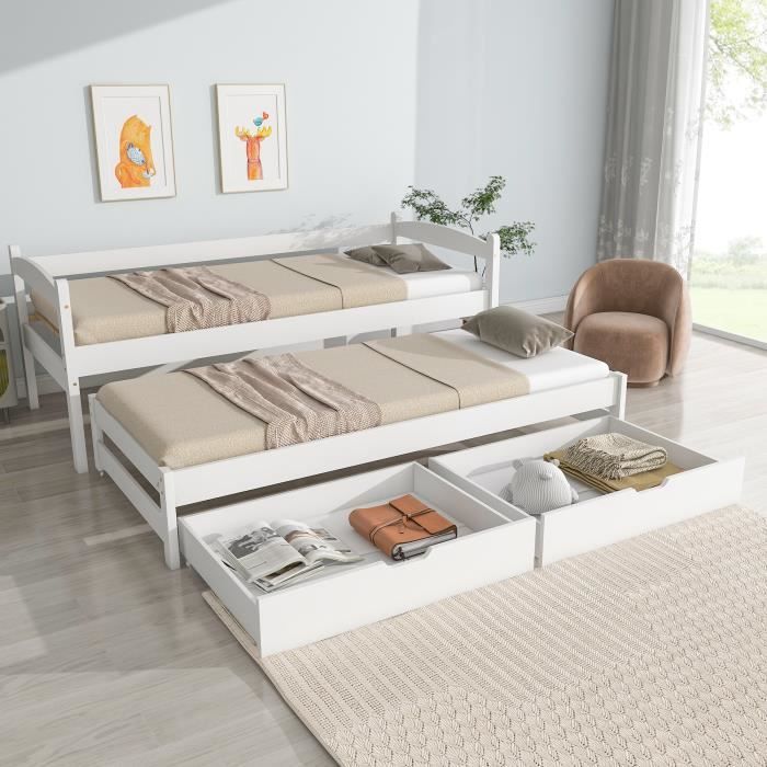 lit simple et lit double coulissant avec roulettes en dessous-avec 2 tiroirs en mdf-cadre en bois massif-blanc-200x90cm/190x90cm