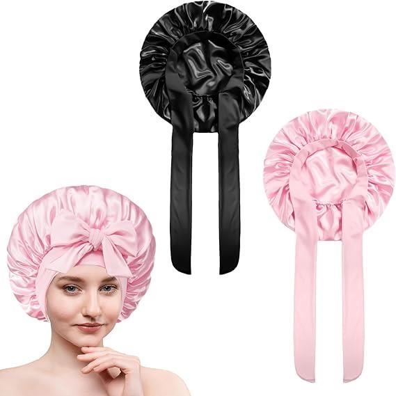 Bonnet De Nuit En Satin De Soie - Lot De 2 (noir Et Gris), Pour Cheveux Bouclés, Anti-frisottis, élastique Réglable