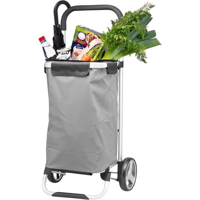 Chariot De Courses MONZANA Gris 56L 3en1 Pliable Isotherme - Poignée Réglable Bandes Réfléchissantes
