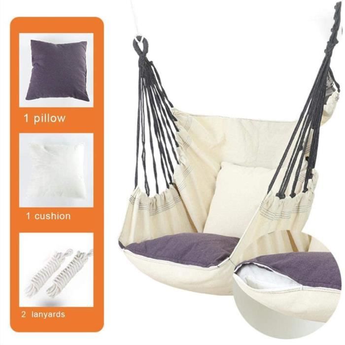 Chaise hamac avec Oreiller et Coussin siège de balançoire Suspendu intérieur extérieur pour dortoir de Jardin Balcon arrière Blanc