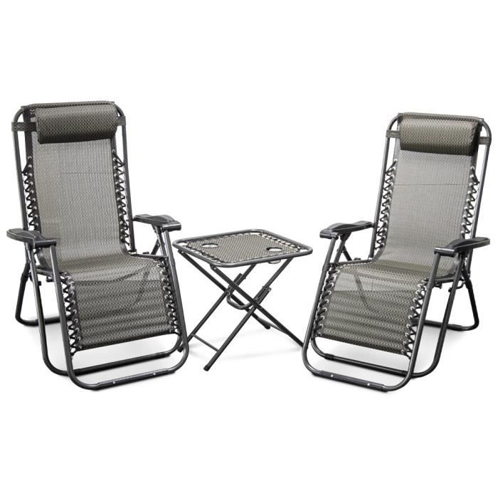 Lot de 2 chaises longues + table pliable - Marque - Modèle - Acier léger - Textilène résistant - Gris