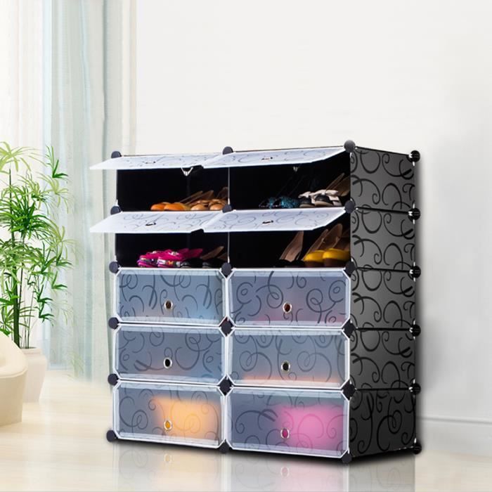 Meuble Étagères de Rangement DIY pour Vêtements Chaussures - Classique - Noir - 10 Cubes - 90x36x87.5cm