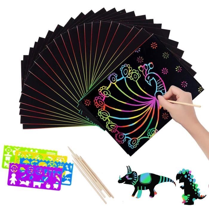 Ensemble de 50 pièces dart Decdeal Papier à Gratter Arc-en-Ciel Cadeau dimagination pour Filles garçons avec 5 créatures en Bois 