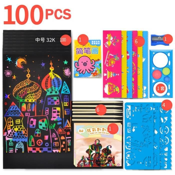 40 Feuilles Papier à Gratter Arc-en-Ciel - Kit Créatif Enfants Avec Stylos & Modèles - Art Ludique Et Éducatif