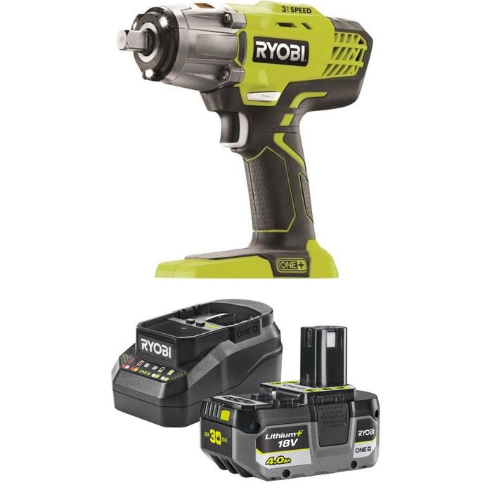 RYOBI Boulonneuse à chocs 18V ONE+ : 180/240/400 Nm - Emm 1/2 + adapt 1/4 + 1 Batterie 4Ah + Chargeur - R18IW3-0 + RC18120B-140X