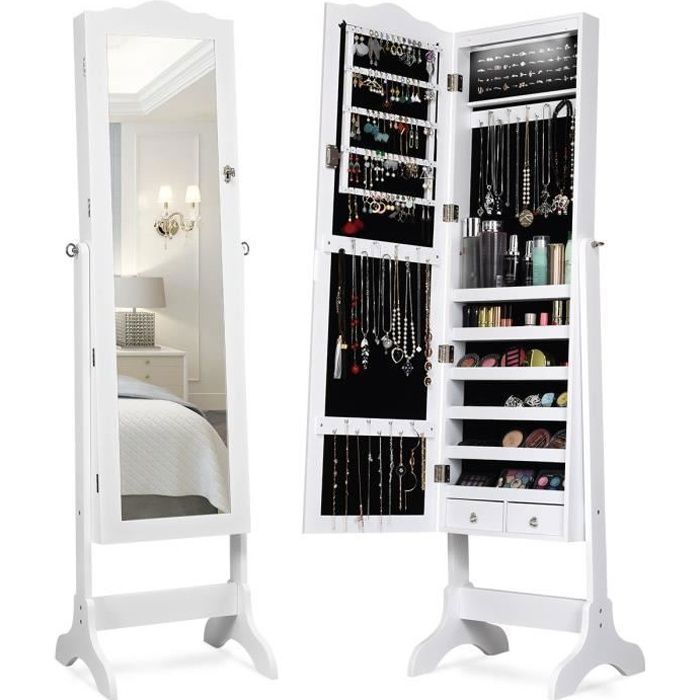COSTWAY Armoire à Bijoux sur Pied avec 14 lampes LED Verrouillable Réglable à 4 Angles avec 2 Tiroirs Blanc COSTWAY Armoire à Bijoux sur Pied avec 14 lampes LED Verrouillable Réglable à 4 Angles avec 2 Tiroirs Blanc
