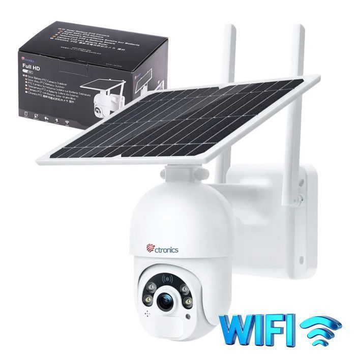 Ctronics Caméra Surveillance Solaire Extérieure 2K 3MP Panneau 6W PTZ Motorisé Vision Nocturne Couleur 25m