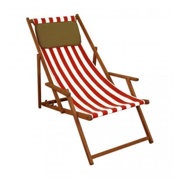 chaise longue rayures rouge et blanc - erst-holz - 10-314kd - pliant - bois massif - dossier réglable