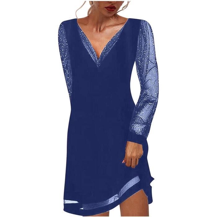 femmes col v robe à manches longues tunique élégant soirée fête cocktail shirt robes de bal robe bleu