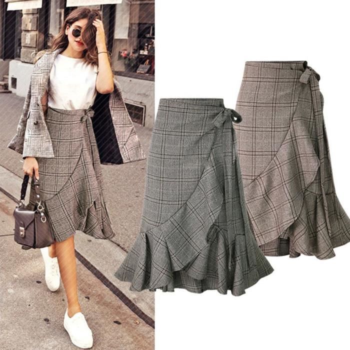 Jupe Portefeuille Femme Allegra K, Taille Haute, Asymétrique, Volants, Jaune - Neuve