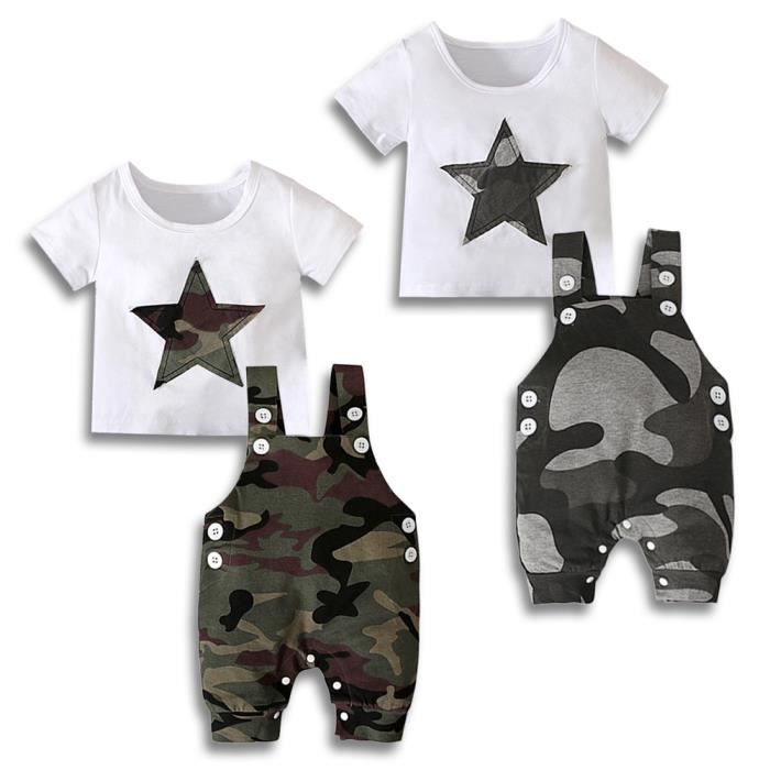 Gris - 0-4 Ans 2 PCS Ensemble de Vêtements de Camouflage pour Bébé: T-shirt à Motif d'Étoiles + Salopette