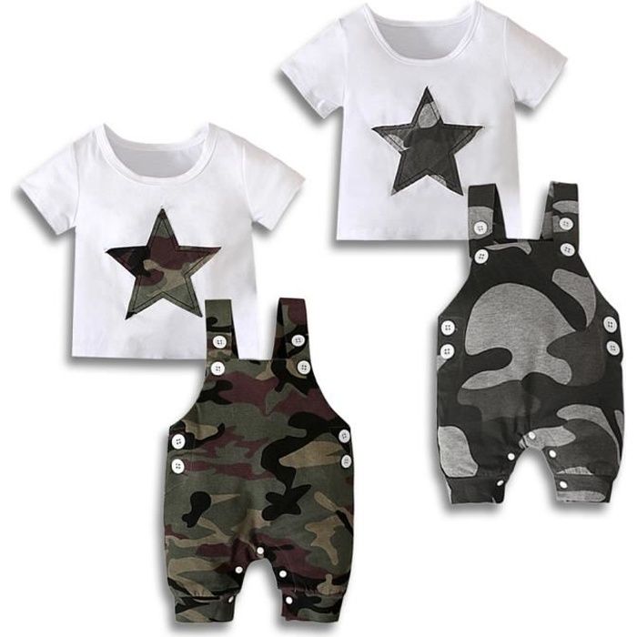 Gris - 0-4 Ans 2 PCS Ensemble de Vêtements de Camouflage pour Bébé: T-shirt à Motif d'Étoiles + Salopette