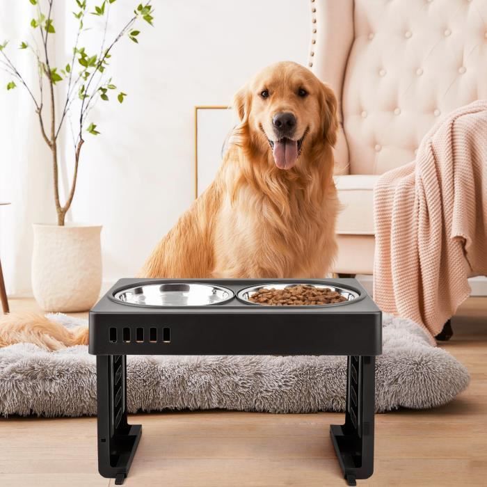 Meilleurs prix pour Gamelle surélevé porte-gamelles hauteur réglable 8-19-28 cm 2 gamelles acier inox incluses noir