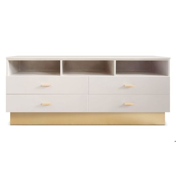 MENZZO Meuble TV moderne 4 tiroirs Nestor Taupe clair et Or MENZZO Meuble TV moderne 4 tiroirs Nestor Taupe clair et Or