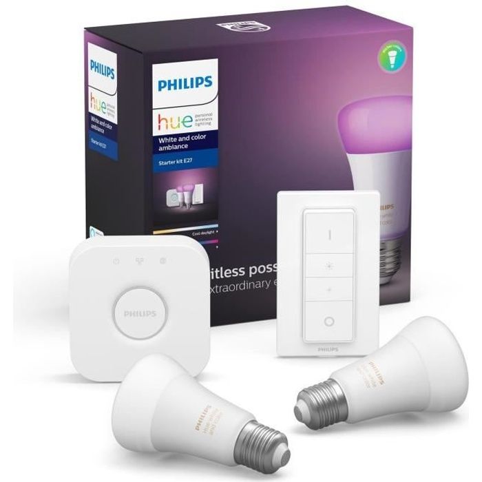 PHILIPS HUE Kit de démarrage White & Colors 2 ampoules avec pont de  connexion et télécommande variateur - 10 W - E27 - Cdiscount Bricolage