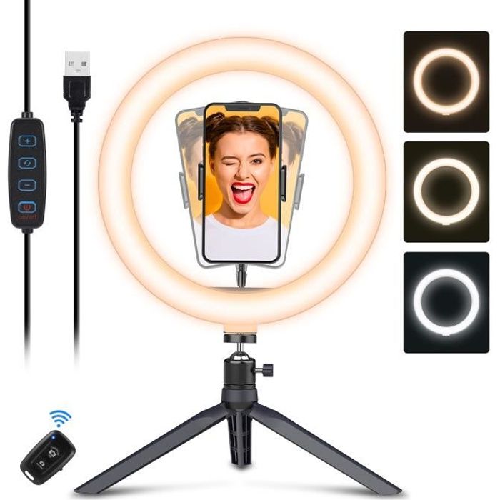 10" LED Ring Light avec Trépied, Lampe Circulaire avec Support Réglable et Télécommande, pour YouTube ou La Vidéo, 3 Modes