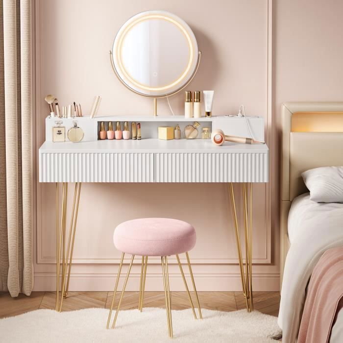 VASAGLE Coiffeuse avec Miroir Pivotant et Taboutret avec Éclairage et Multiprise 40 x 100 x 1348 cm Blanc mat et Doré Clair