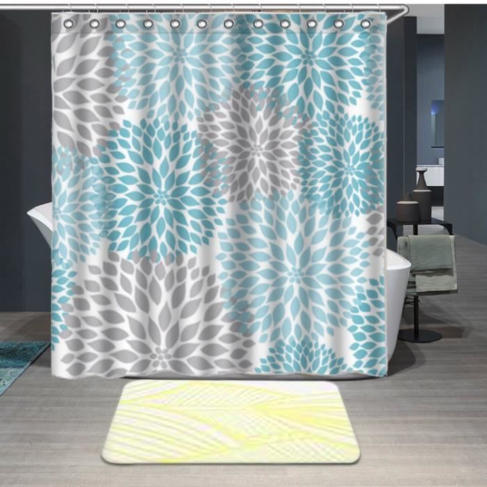 Dahlias Gris Bleu Rideau De Douche 150x180cm12 Crochets3d Eau Résistant Rideau Polyester