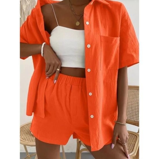 Ensemble Short Femme Ensemble Survêtement Pièces Femme En Lin Et Coton  Chemise Manches Longues Et Short été Ensemble Femme