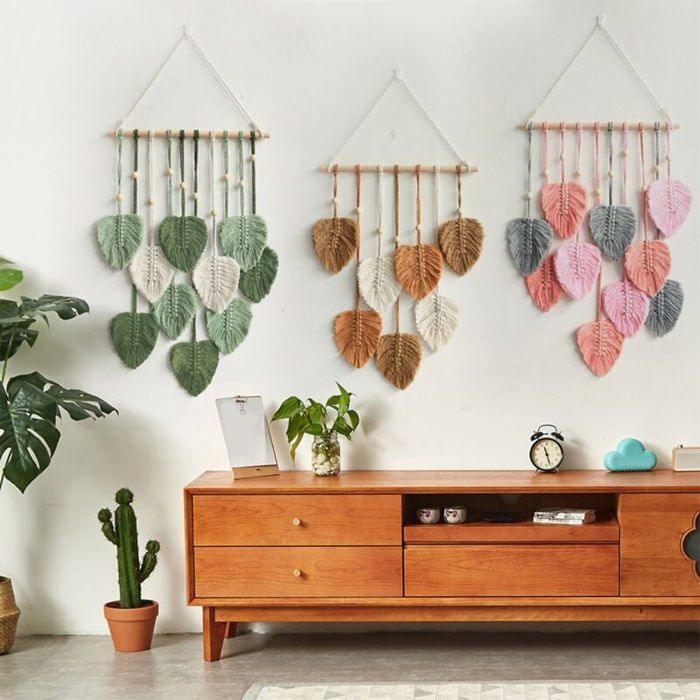 Tenture Murale Macramé Boho - 120 X 75 Cm - Motif Feuilles Vertes Avec Franges - Décoration Chambre Ou Salon - Style Naturel Et Bohème